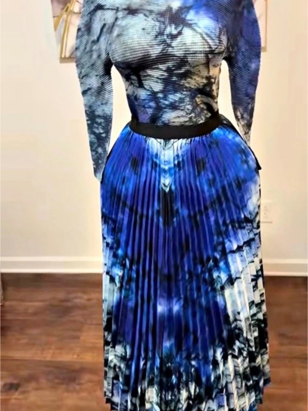 OS- Blue Abstract Pleated Maxi Dress Like New